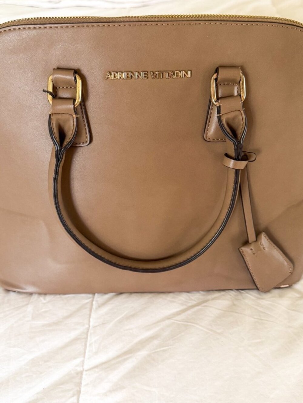 Adrienne Vittadini Taupe Faux Leather Satchel Top Handle Purse Bag